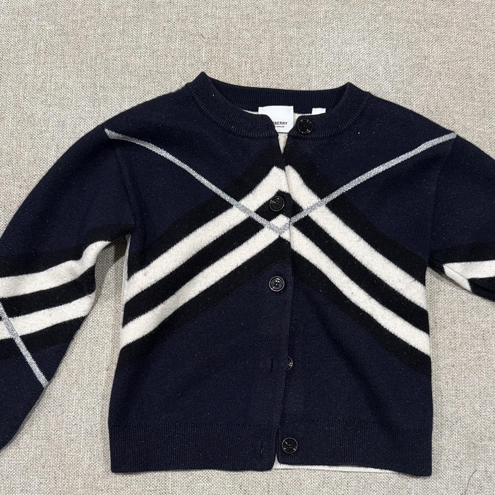 Burberry Kids Navy Wool-Blend Button Cardigan with White & Black Stripe
